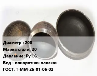 Заглушка стальная 200 Сталь: 20 Ру1.6 поворотная плоская ГОСТ: Т-ММ-25-01-06-02